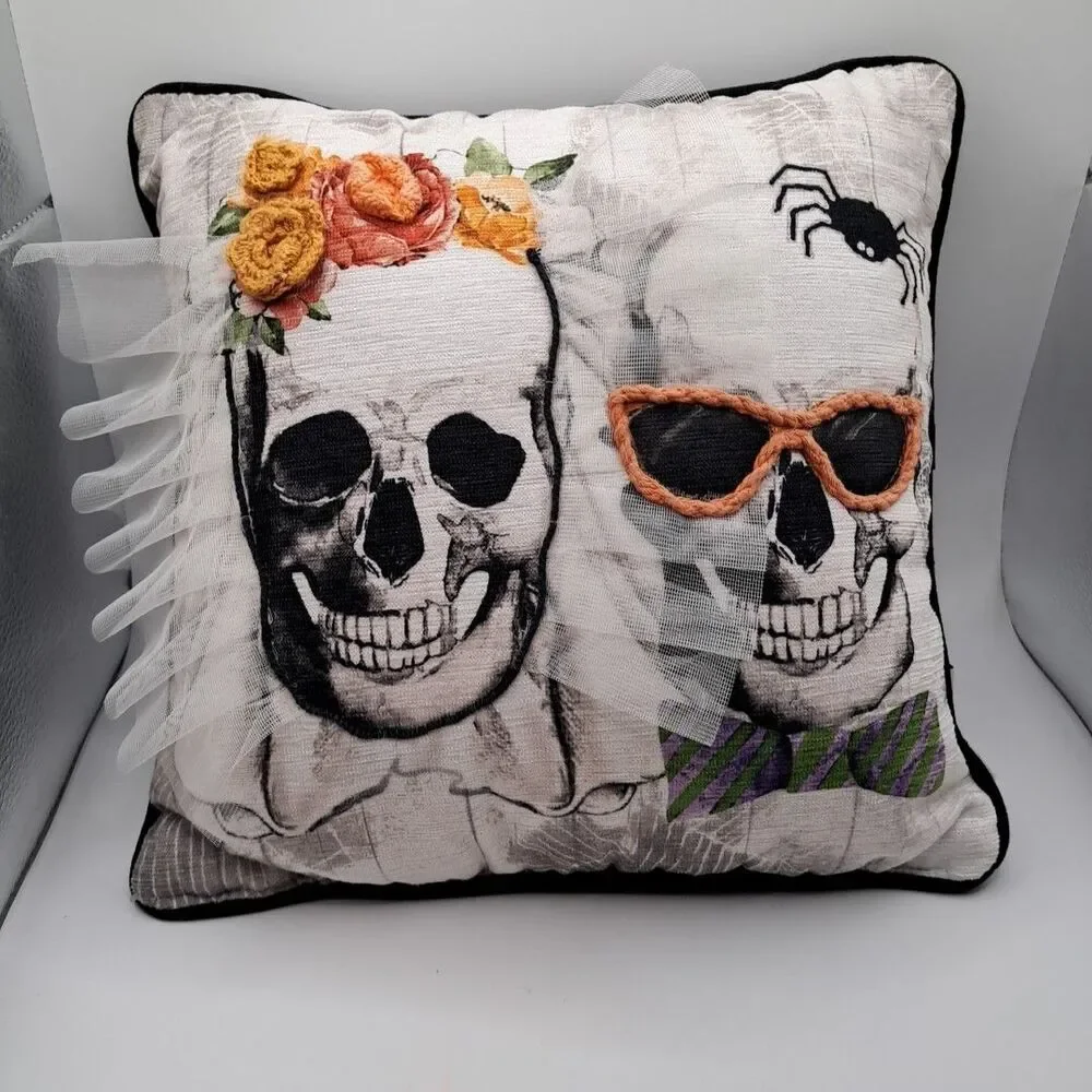 Halloween Skull Couple Bride & Groom Spider Throw Pillow Gorgeous! 12